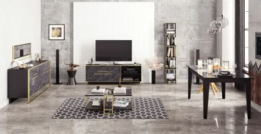 Móvel TV SIENA, Bilaminado Mármore Preto com Metal Dourado, 160 Cms