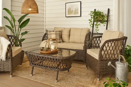 Set MARBELLA, 2 Poltronas + Sofá 2 Lugares + Mesa, Alumínio, Ratán Castanho, Coximes Incluídos