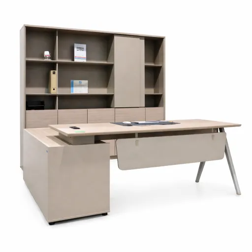 Secretária Riva Studio 2000x1850x750mm com Armário + Armário Misto Studio 2400x400x2000mm | Mobiliário de Escritório Premium em Grau EO Densificado | Alta Resistência a Riscos e Temperaturas