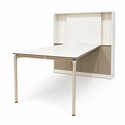 Mesa de Reunião com Armário Alva Riva 2400x1600 Branco, Estrutura Metálica e Arrumação Integrada
