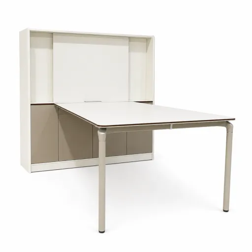 Mesa de Reunião com Armário Alva Riva 2400x1600 Branco, Estrutura Metálica e Arrumação Integrada
