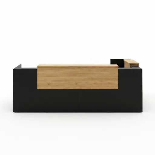 Balcão de Receção 8L DIR 2400x1600mm: Design em L Preto e Carvalho
