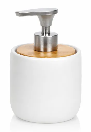 Doseador Andrea House Cerâmica Branca Mate e Madeira 300 ml