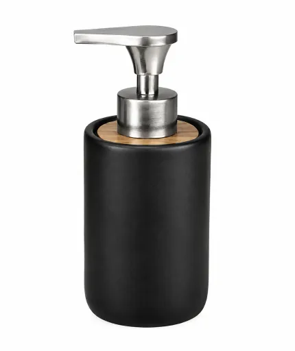 Doseador de Sabão Cerâmica Preta com Madeira e Aço Inox 300 ml