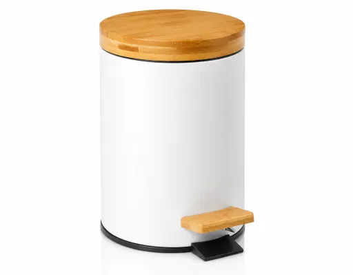 Cesto de Pedal Andrea House Branco Mate e Bambu 3L Ø17x26 cm – Design Compacto e Natural