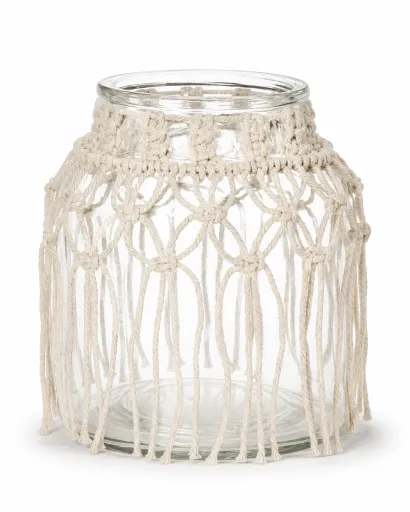 Porta-Velas em Vidro e Macramé Bege 10 x 13 cm