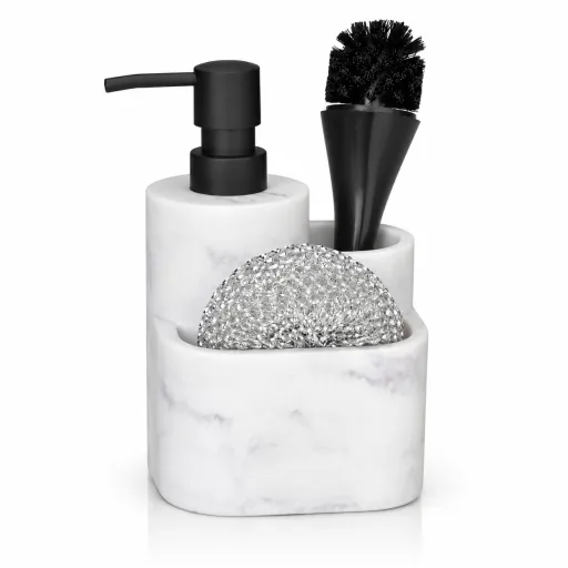 Dispensador de Cozinha 3 em 1 Andrea House Efeito Mármore Branco em Poliresina 18 cm