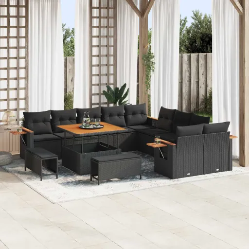 Conjunto de Sofá de Jardim com Almofada   Preto (13 pcs)