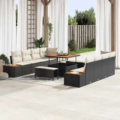 Conjunto de Sofá de Jardim com Almofada   Preto e Creme (11 pcs)