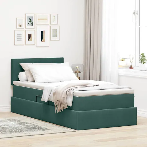 Cama de Armazenamento LED com Colchão Verde-Escuro 90 x 200 cm