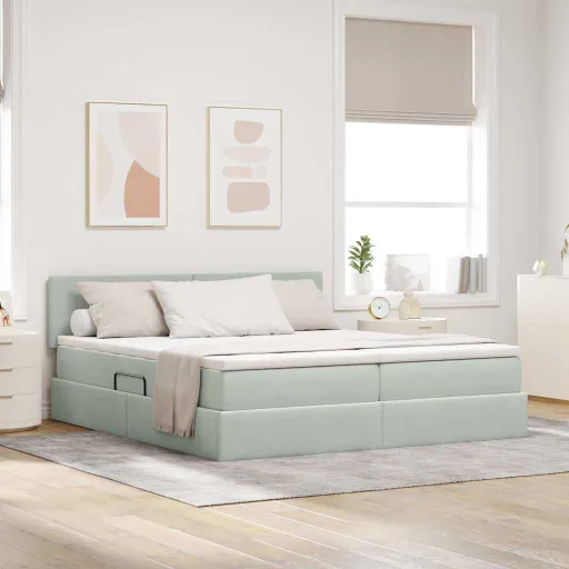 Cama de Armazenamento LED com Colchão Cinzento-Claro