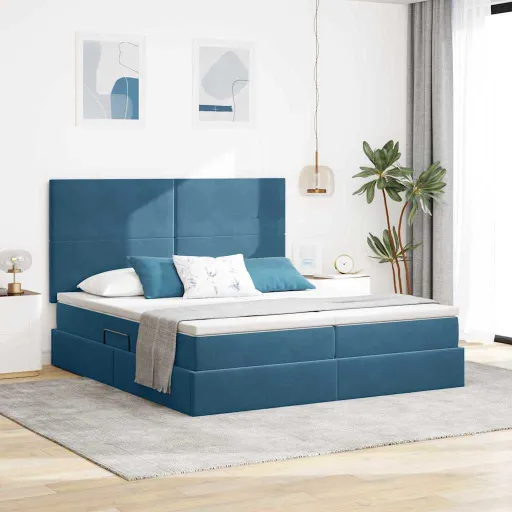 Cama de Armazenamento LED com Colchão Azul Escuro 180 x 200 cm