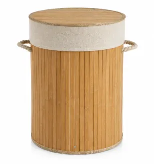 Cesto de Lavandaria Redondo em Bambu Andrea House com Forro em Tecido Ø37 x 50 cm