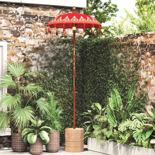 Parasol Balinês com Base Vermelho 95 x 95 x 260 cm