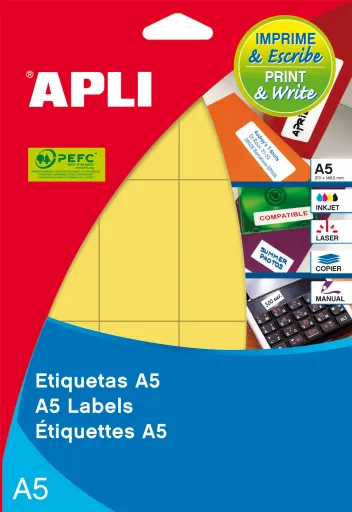 Etiquetas Autocolantes APLI A5 Ø16mm, Amarelas. Compatíveis com Impressoras Inkjet, Laser, Manuais e Fotocopiadoras.