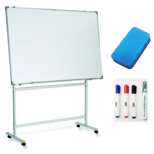 Quadro Branco Porcelana 90x120 cm com Rodas, Cavalete Rotativo + 4 Marcadores e Apagador – Mab