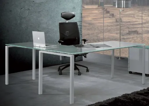 Secretária de Escritório 1400x800x740mm com Alonga e Tampo em Vidro – Kuatru