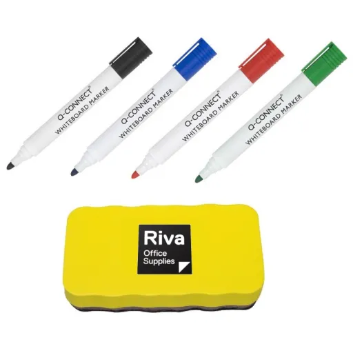 Kit de Escrita para Quadros Brancos – 4 Marcadores + Apagador Magnético