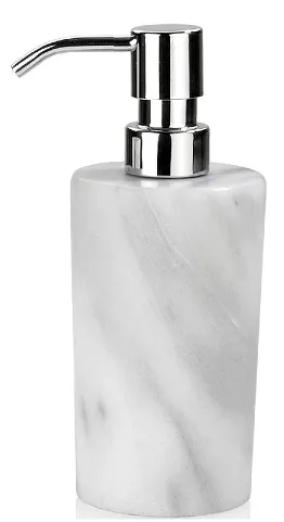 Doseador de Sabão Efeito Mármore Branco 7x18 cm com Bomba Metálica Prateada