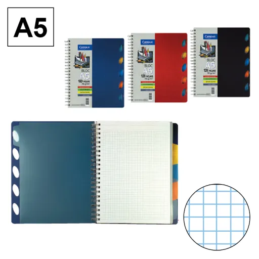 Caderno Espiral Capa Polipropileno A5 120Fls 70GR Quadriculado 4mm com 5 Separadores – Campus