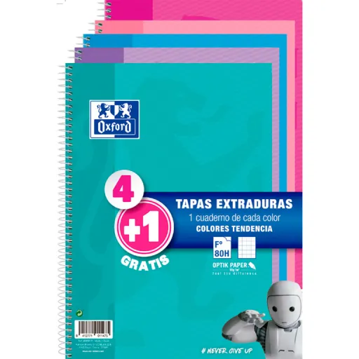 Bloco Espiral Oxford Fólio 80 Fls Quadriculado 4 mm (Pack 4+1) Capa Dura – Oxford