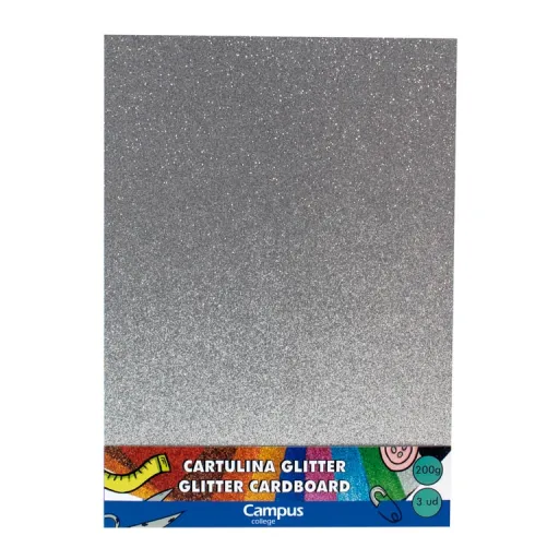 Cartolina Campus A4 Prata Purpurina Glitter 3Un. - Campus
