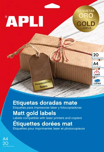 Etiquetas Autocolantes A4 210x297mm Douradas Mate Apli 20 Folhas