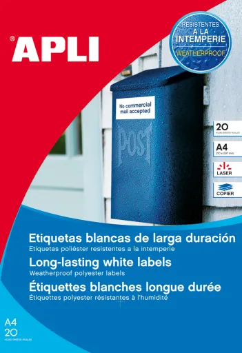 Etiquetas Autocolantes A4 63,5x38,1mm Resistentes à Intempérie Branca 20 Folhas