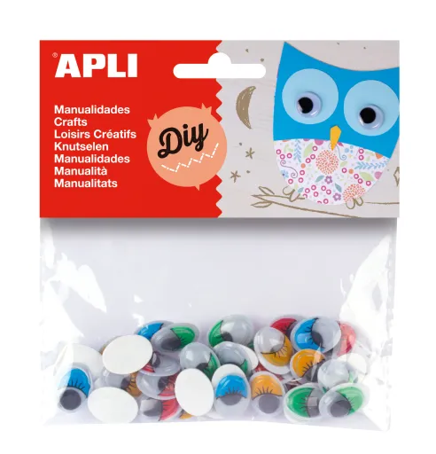 Kit Manualidades Olhos Móveis Coloridos com Pestanas Adesivos Ø16mm 40un. – Apli