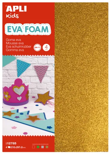 Folhas EVA com Purpurinas APLI, 210 x 297 x 2 mm. Pack com 4 Unidades em Cores Sortidas: Branco, Preto, Rosa ou Azul.