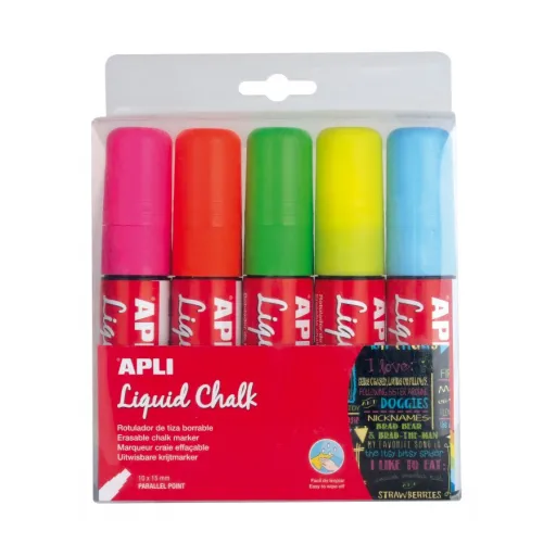 Marcador de Giz Líquido Ponta Paralela 10 x 15 mm Cores Sortidas (Pack 5 Un.) – Apli
