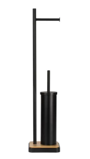 Suporte de Papel Higiénico com Piaçaba em Metal Preto e Base de Bambu – Andrea House