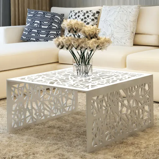 Mesa de Centro em Alumínio, Design Aberto e Geométrico Prateado