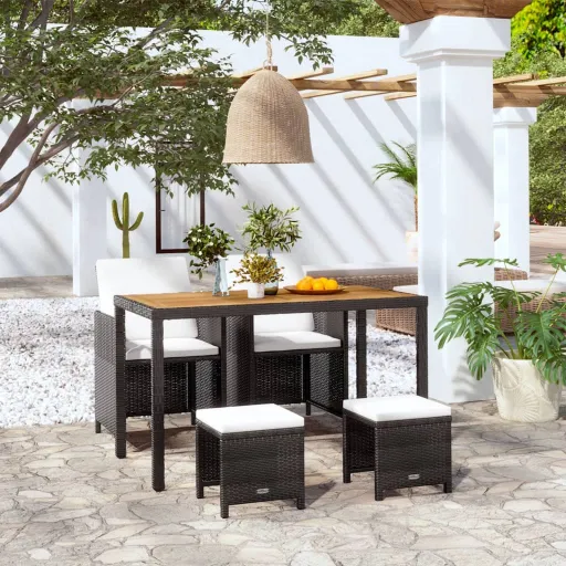 Conjunto Jantar p/ Exterior Vime e Madeira Acácia Preto (5 pcs)