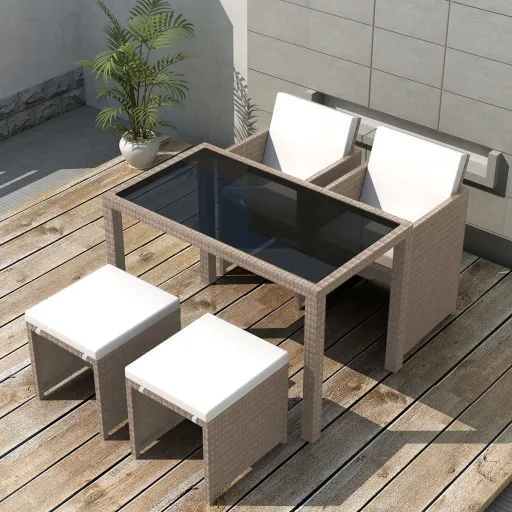 Conjunto Jantar Exterior com Almofadões Vime PE Bege (5 pcs)