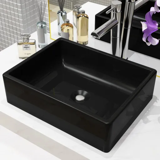 Lavatório Retangular em Cerâmica Preto 41x30x12 cm