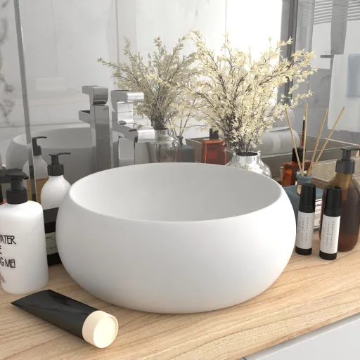 Lavatório Luxuoso Redondo 40x15 cm Cerâmica Branco Mate