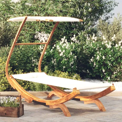 Espreguiçadeira c/ Toldo 100x190x134 cm Madeira Curva Creme