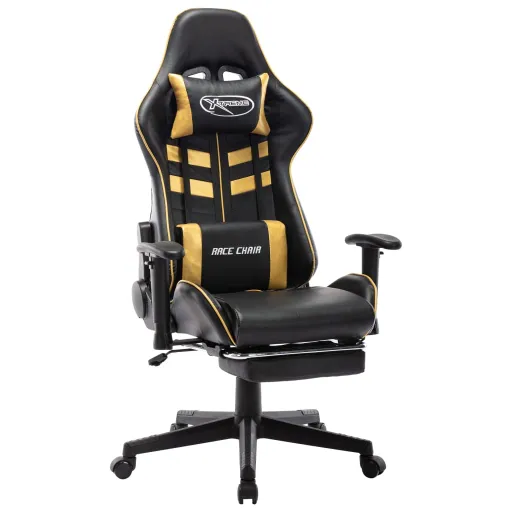 Cadeira Gaming c/ Apoio de Pés Couro Artificial Preto/Dourado