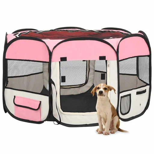 Parque Dobrável p/ Cão c/ Saco de Transporte 110x110x58cm Rosa