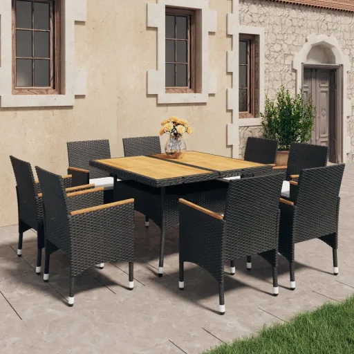Conj. Jantar p/ Jardim Vime PE e Madeira de Acácia Preto  (9 pcs)