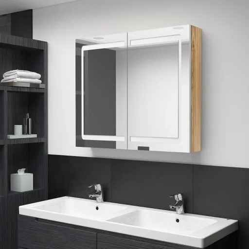 Armário Espelhado Casa de Banho LED 80x12x68 cm Branco/Carvalho