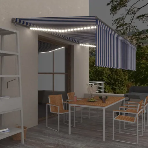 Toldo Autom. c/ Estore/LED/Sensor de Vento 5x3 m Azul/Branco