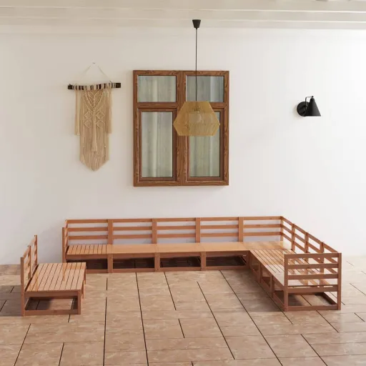 Conjunto Lounge de Jardim Pinho Sólido Castanho Mel (10 pcs)