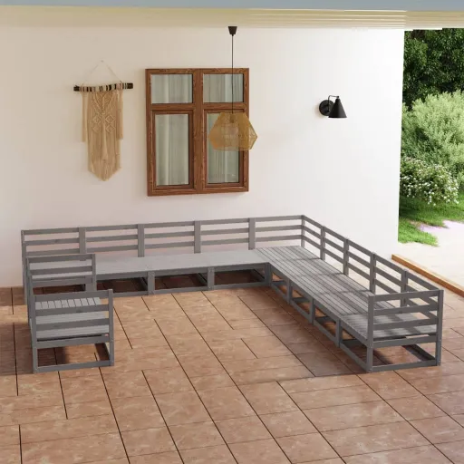 Conjunto Lounge de Jardim Pinho Maciço Cinzento (11 pcs)