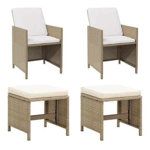 Cadeiras de Jardim com Bancos   Vime PE Bege (2 pcs)