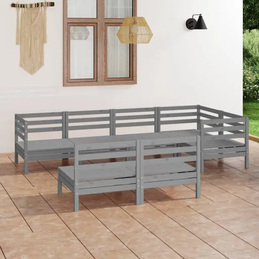 Conjunto Lounge de Jardim Pinho Maciço Cinzento (7 pcs)