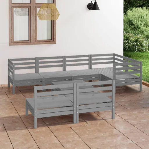 Conjunto Lounge de Jardim Pinho Maciço Cinzento (8 pcs)