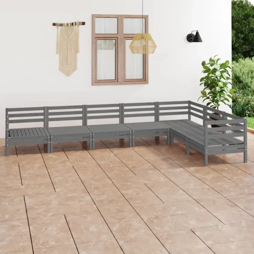 Conjunto Lounge de Jardim Pinho Maciço Cinzento (7 pcs)