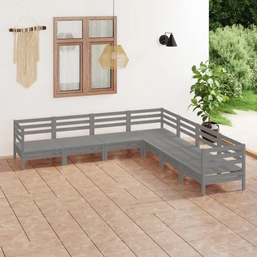 Conjunto Lounge de Jardim Pinho Maciço Cinzento (7 pcs)